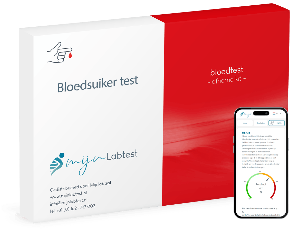 het HbA1c bloedsuiker bloedonderzoek wordt afgenomen met een eenvoudige test kit die we per brievenbuspakketje naar je opsturen