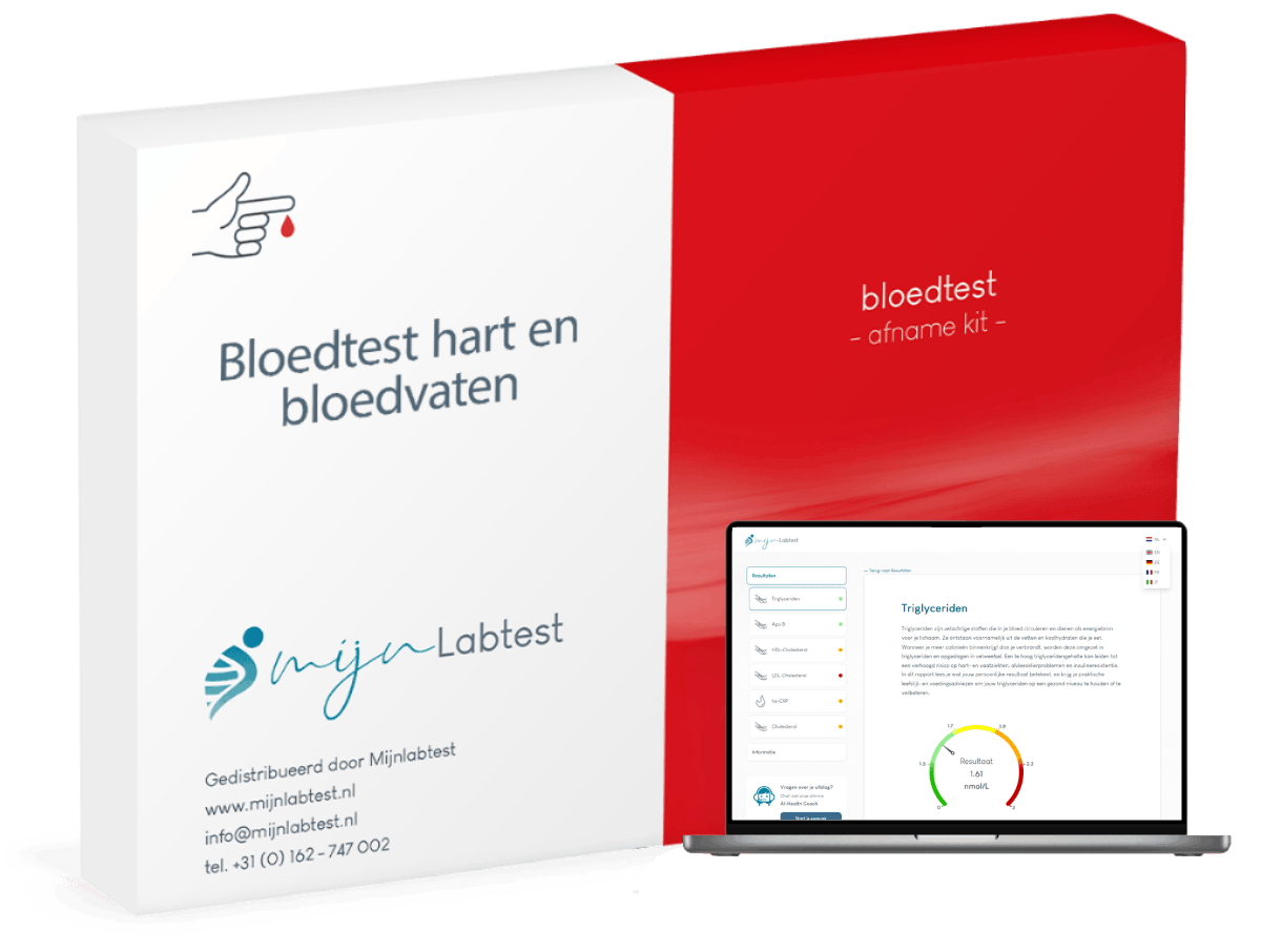het cardio profiel bloedonderzoek wordt afgenomen met een eenvoudige test kit die we naar je thuisadres opsturen 