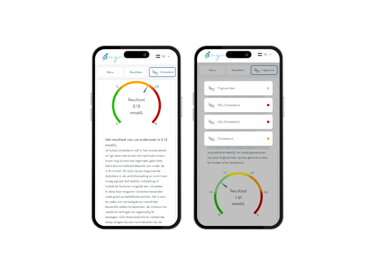 Het resultaat van een cholesterol thuistest. deze test bevat Het meest complete rapport met AI integratie en leefstijl advies.
