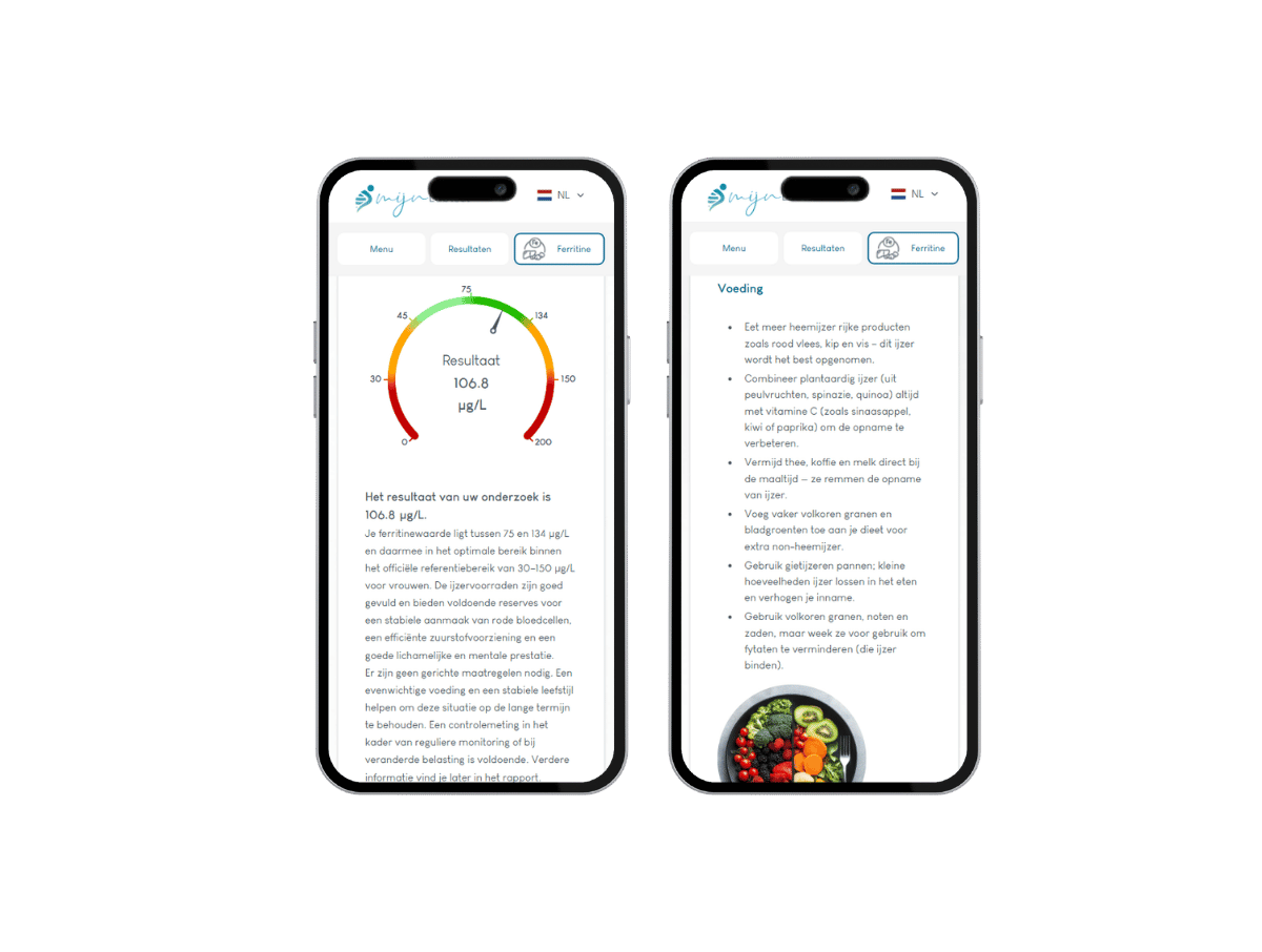 Het rapport visueel op een mobiele telefoon. De ferrtine test uitslag is duidelijk te lezen op een telefoon of laptop