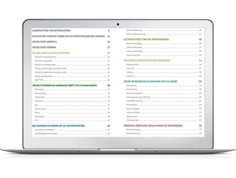 Voorbeeldrapport Nutri-Gene Pro - Na de test kun je direct aan de slag met uitleg en tips uit het rapport 