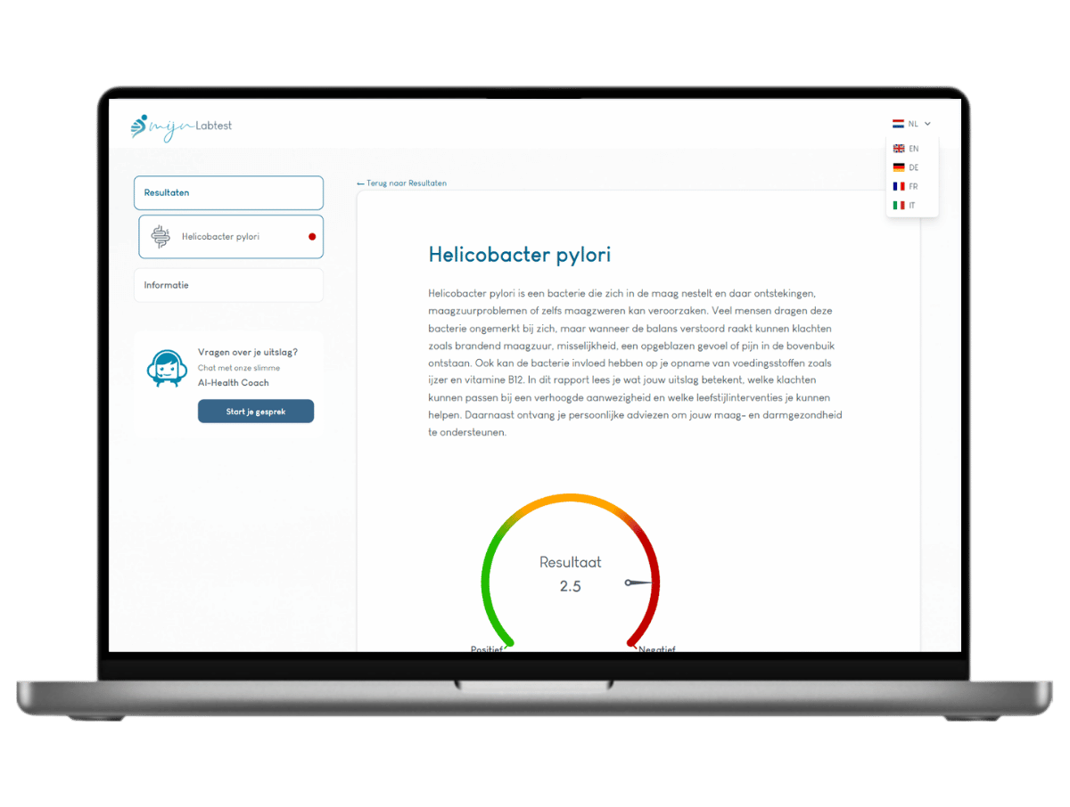Zo ziet het resultaat van jouw Helicobacter pylori test er uit. Het is het meest complete rapport met AI integratie en leefstijl advies.