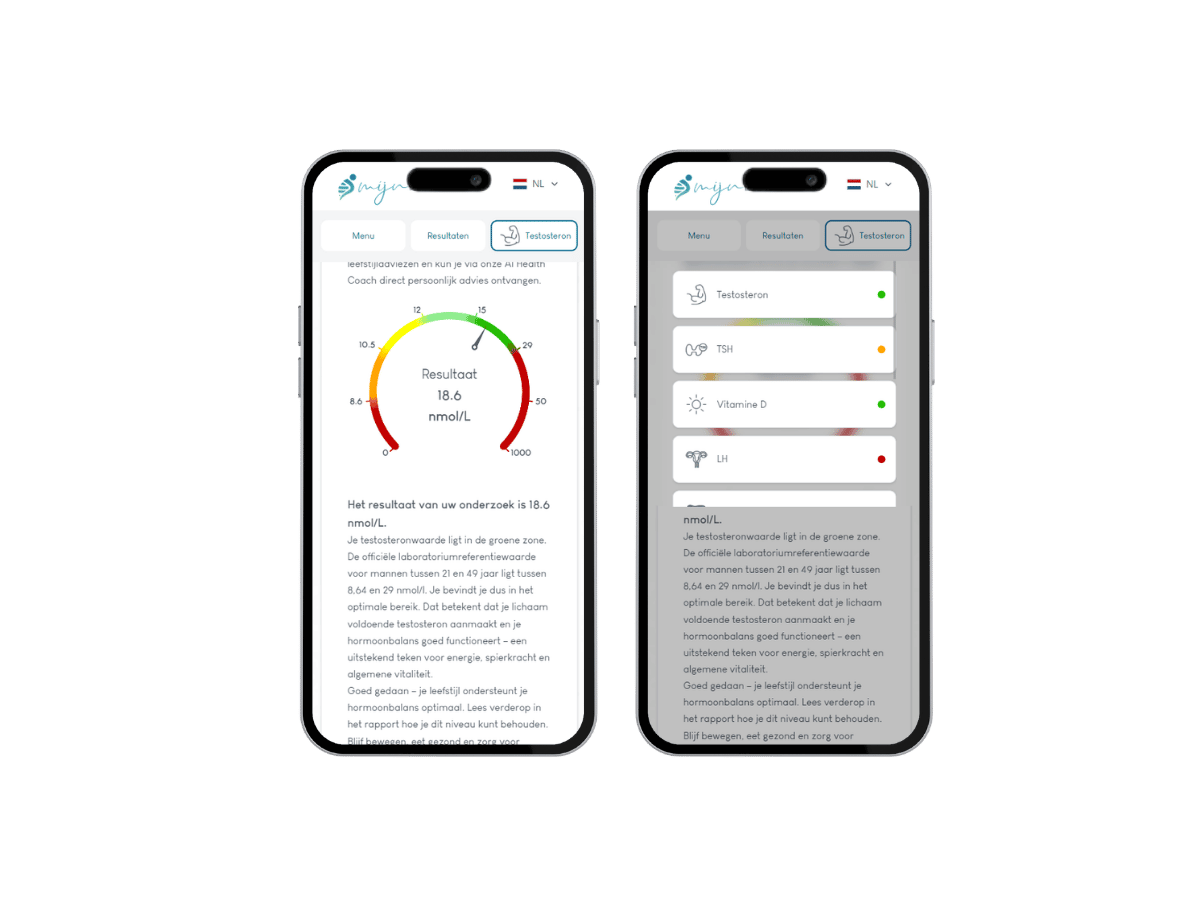 Zo ziet het resultaat van jouw Hormoon test man er uit op mobiel. Het meest complete rapport met AI integratie en leefstijl advies.
