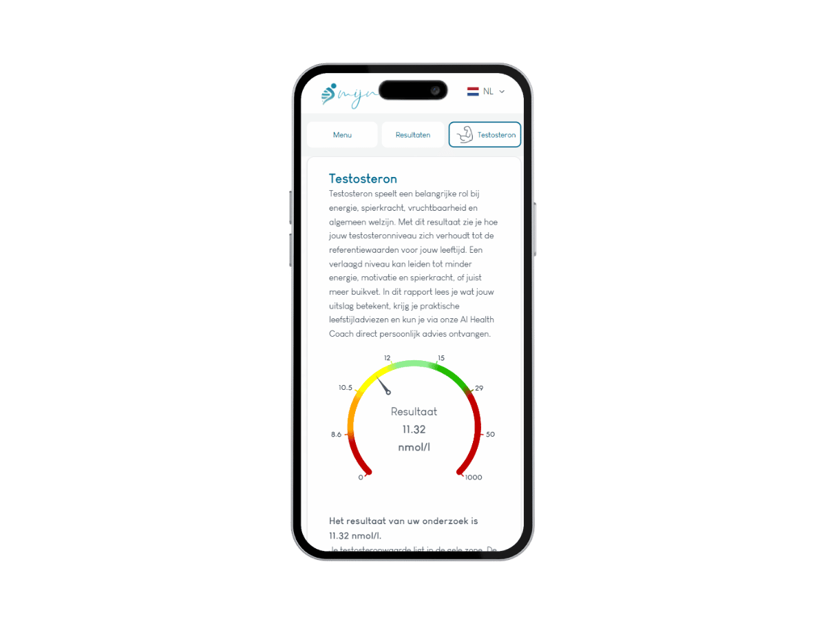 Zo ziet het resultaat van jouw testosteron test er uit. Het is het meest complete rapport met AI integratie en leefstijl advies.