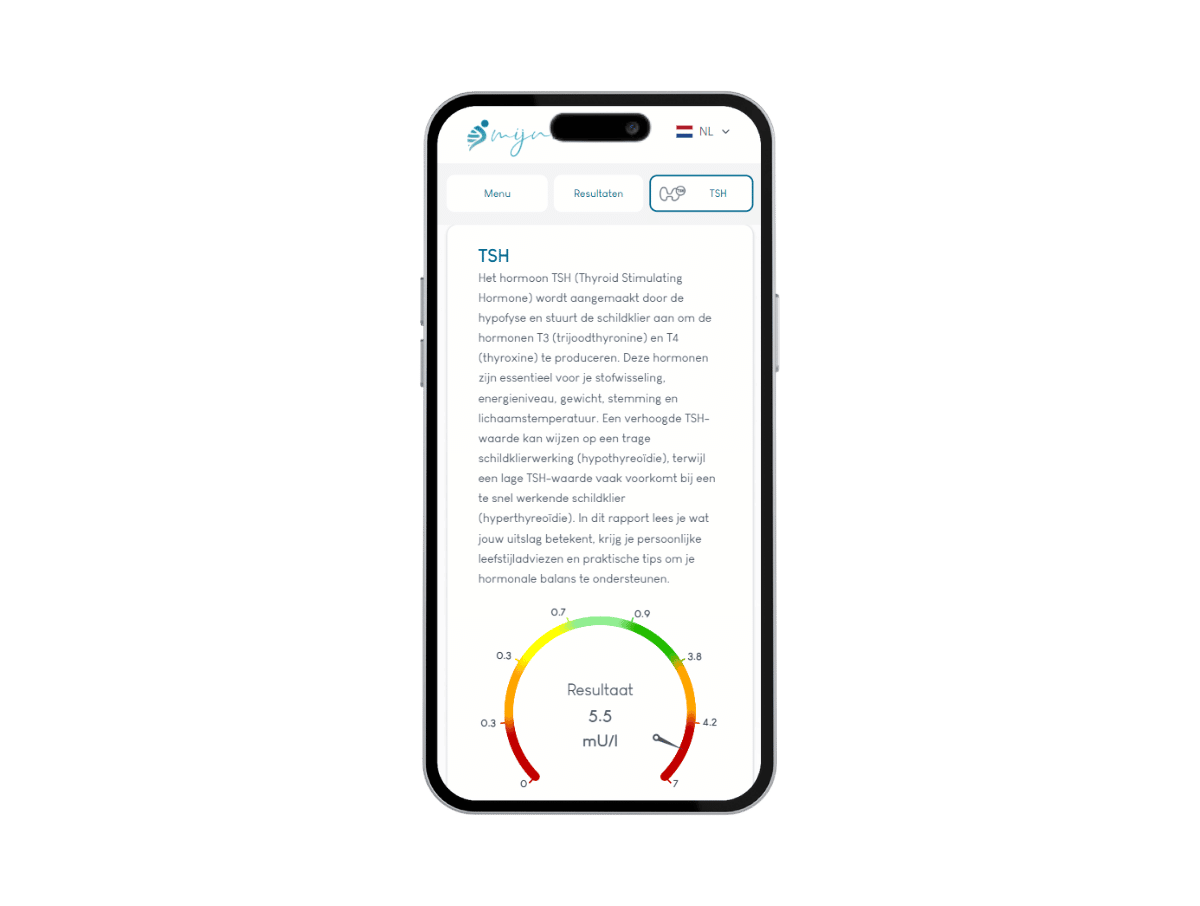 Zo ziet jouw TSH schildklier rapport er op je mobiel uit. TSH maakt deel uit van het meest complete Totaal profiel bloedonderzoek
